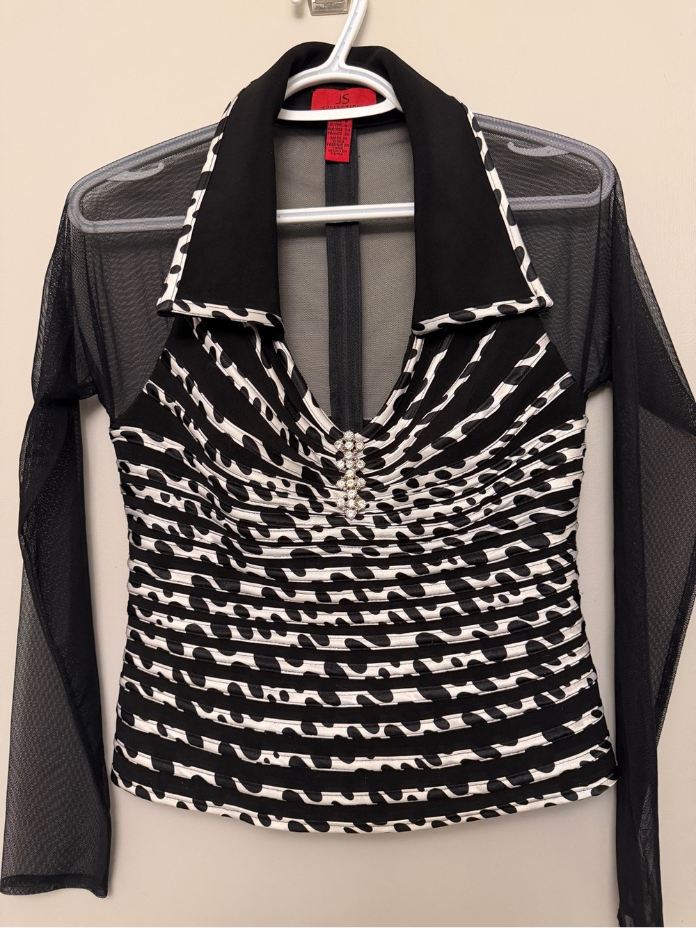 JS Collections Black and White Ruched Halter Top with Sheer Sleeves